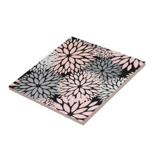 Elegant Blush Pink Grey Dahlia Floral Ceramic Tile