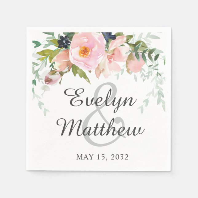 Elegant Blush Pink & Grey Floral Bouquet Wedding Napkin (Front)