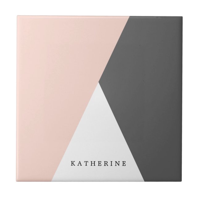 Elegant blush pink & grey geometric triangles ceramic tile (Front)