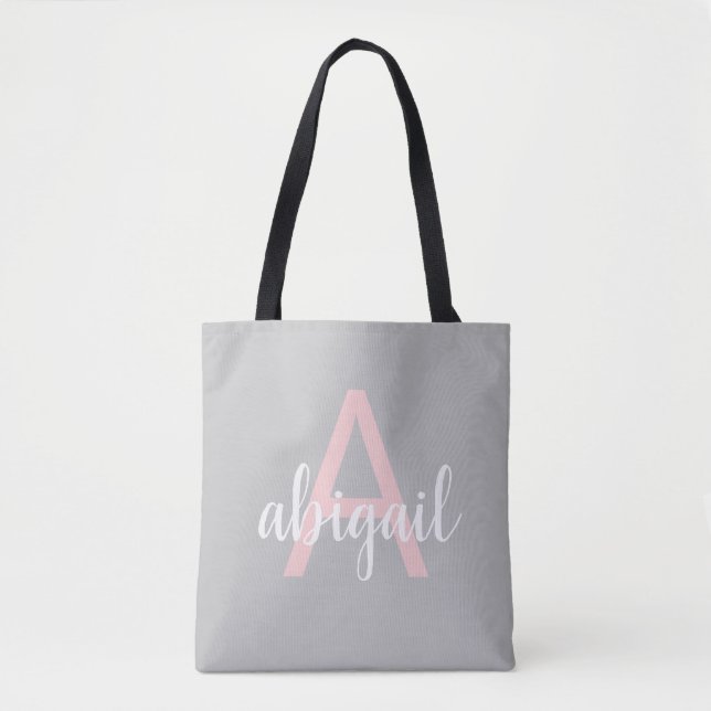 Elegant  Blush Pink Grey Modern Monogram Name Tote Bag (Front)