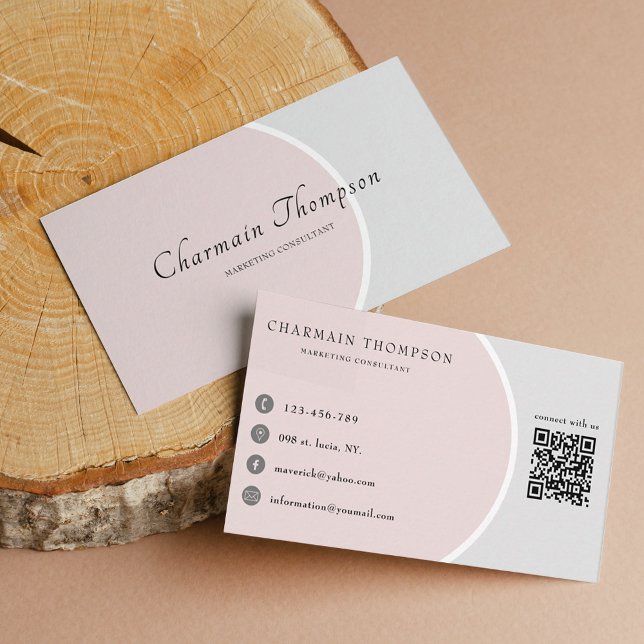Elegant Blush Pink Grey QR Code Connect with us Bu Business Card (Creator Uploaded)