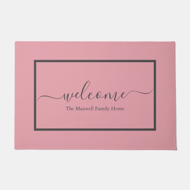 Elegant blush pink grey script family name welcome doormat (Front)