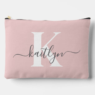 Elegant Blush Pink Grey Script Monogram Accessory Pouch