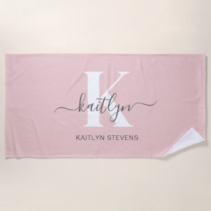 Elegant Blush Pink Grey Script Monogram Beach Towel