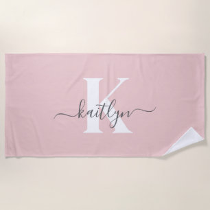 Elegant Blush Pink Grey Script Monogram Beach Towel