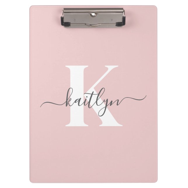 Elegant Blush Pink Grey Script Monogram Clipboard (Front)