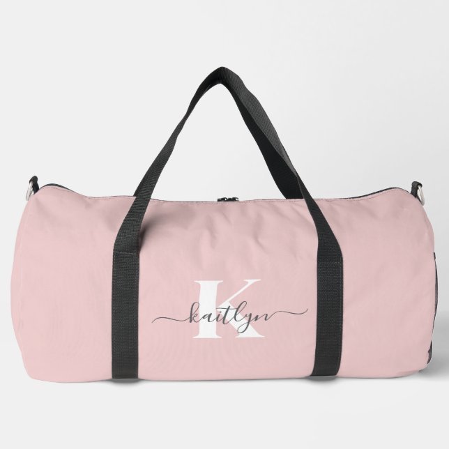 Elegant Blush Pink Grey Script Monogram Duffle Bag (Front)