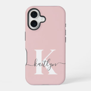 Elegant Blush Pink Grey Script Monogram iPhone 16 Case