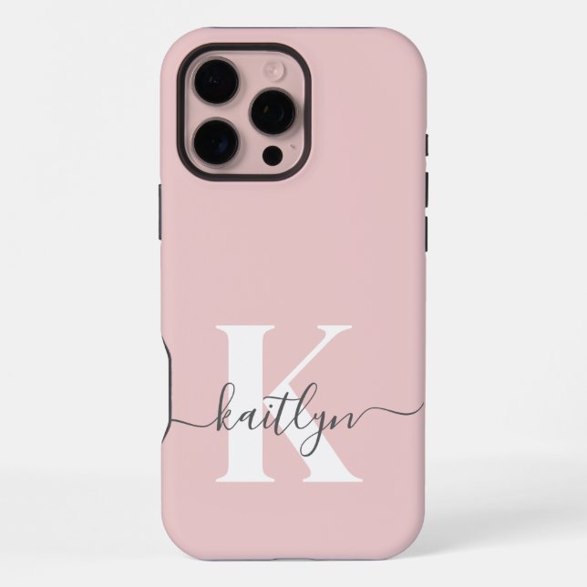 Elegant Blush Pink Grey Script Monogram iPhone Case (Back)