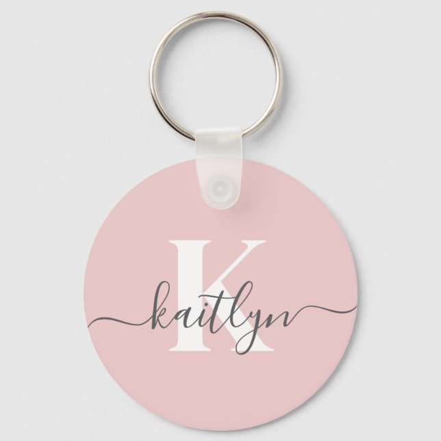 Elegant Blush Pink Grey Script Monogram Key Ring (Front)