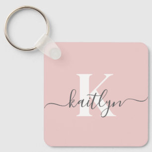 Elegant Blush Pink Grey Script Monogram Key Ring
