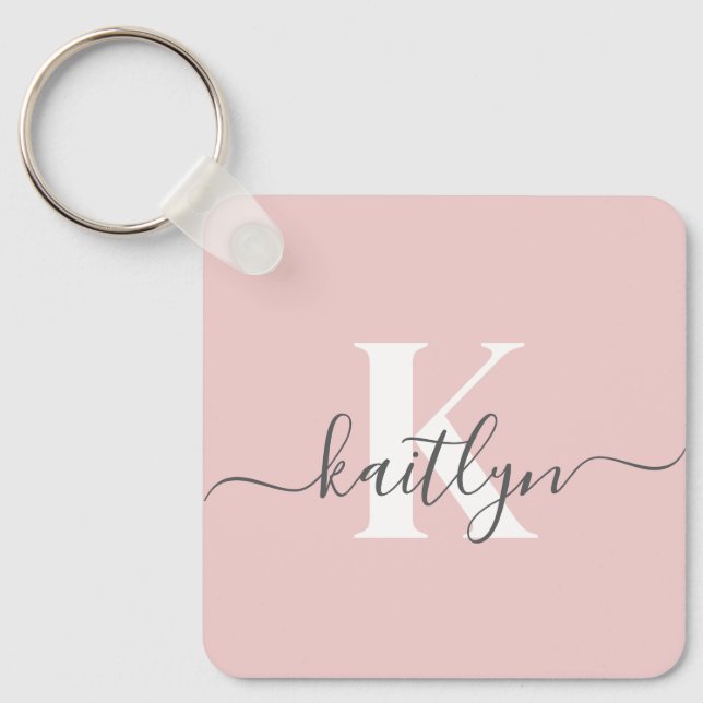 Elegant Blush Pink Grey Script Monogram Key Ring (Front)