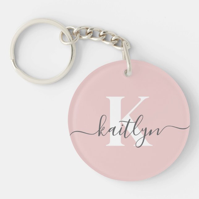 Elegant Blush Pink Grey Script Monogram Key Ring (Front)