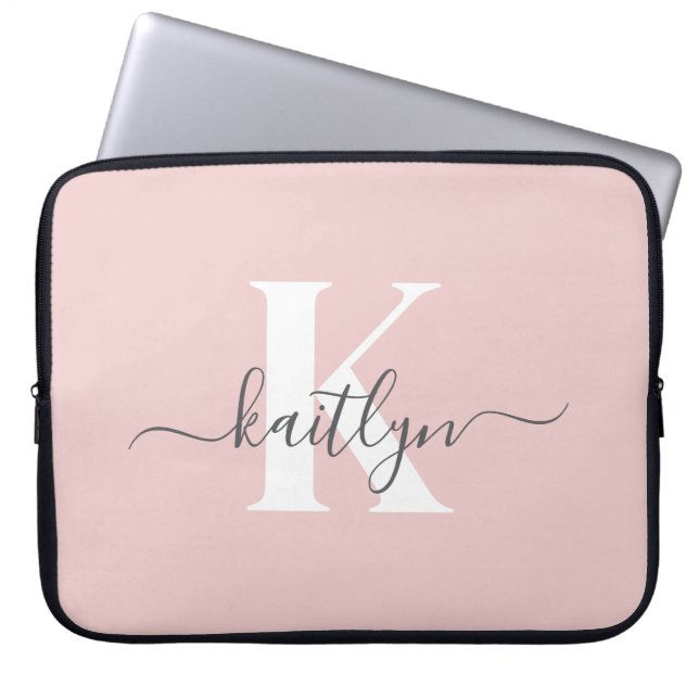 Elegant Blush Pink Grey Script Monogram Laptop Sleeve (Front)