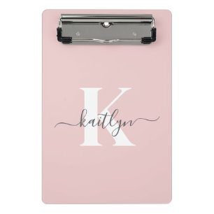 Elegant Blush Pink Grey Script Monogram Mini Clipboard