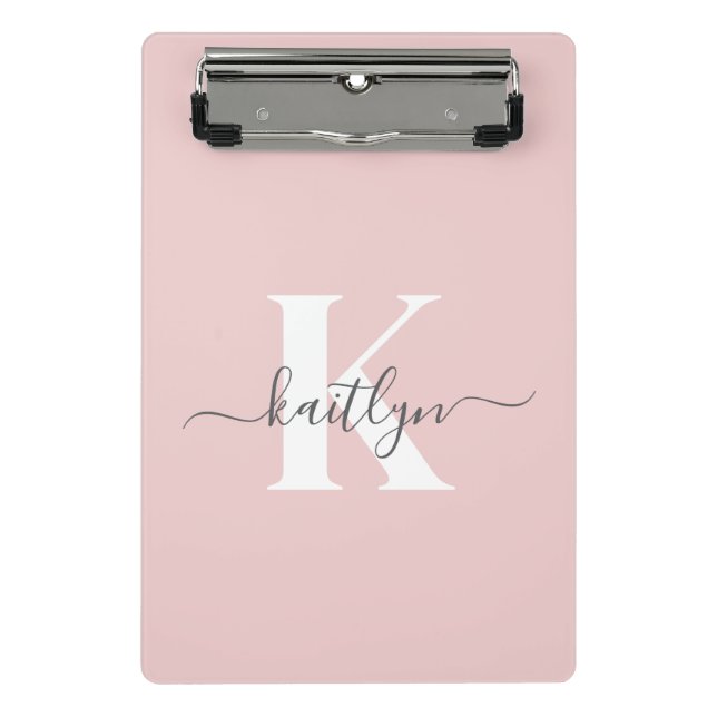 Elegant Blush Pink Grey Script Monogram Mini Clipboard (Front)