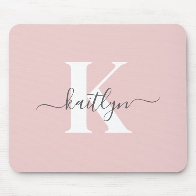 Elegant Blush Pink Grey Script Monogram Mouse Pad (Front)