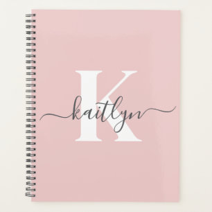 Elegant Blush Pink Grey Script Monogram Planner