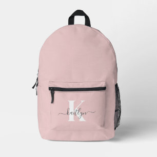 Elegant Blush Pink Grey Script Monogram Printed Backpack