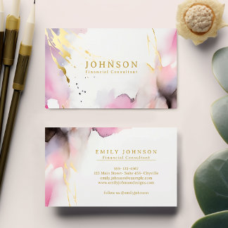 Elegant Blush Pink & Grey Watercolor Stylish Gold  Business Card