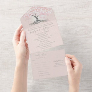 Elegant Blush Pink Heart Leaf Tree Wedding All In All In One Invitation