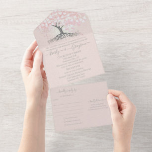 Elegant Blush Pink Heart Leaf Tree Wedding All In One Invitation