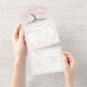 Elegant Blush Pink Heart Leaf Tree Wedding All In One Invitation
