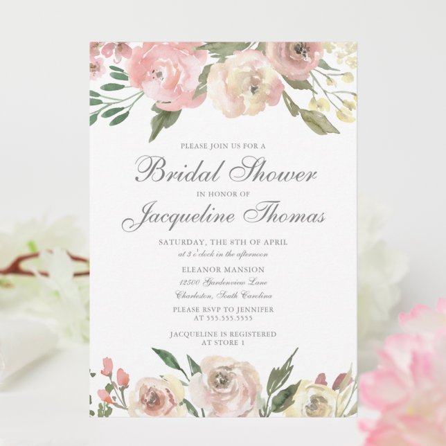 Elegant Blush Pink Ivory Floral Bridal Shower Invitation (Creator Uploaded)
