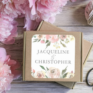 Elegant Blush Pink Ivory Floral Peony Wedding Square Sticker