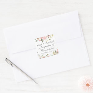 Elegant Blush Pink Ivory Floral Save the Date Square Sticker