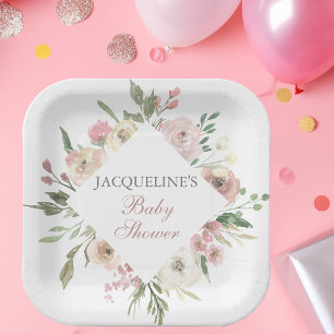 Elegant Blush Pink Ivory Floral Spring Baby Shower Paper Plate