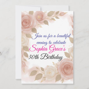 Elegant Blush Pink & Ivory Rose Birthday Invite