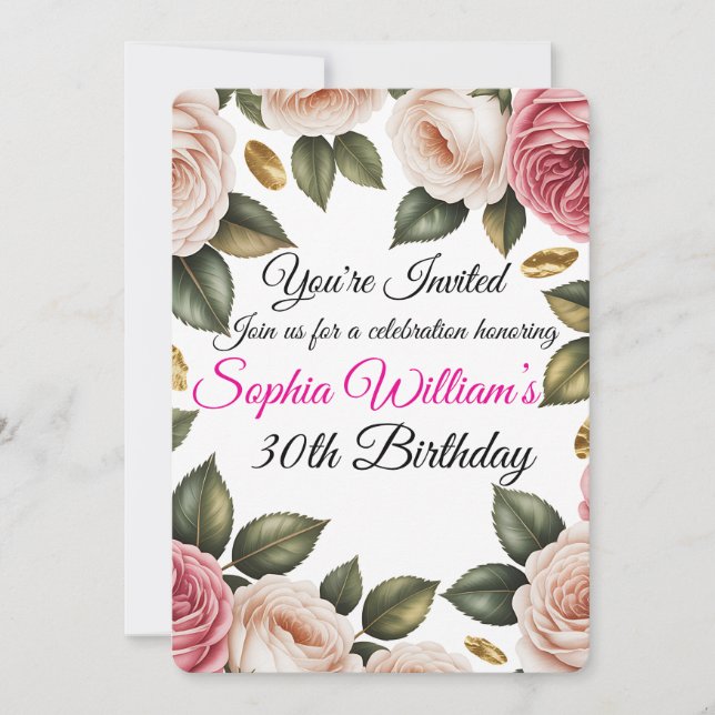 Elegant Blush Pink & Ivory Rose Birthday Invite (Front)