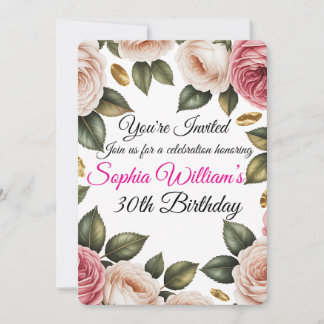 Elegant Blush Pink & Ivory Rose Birthday Invite