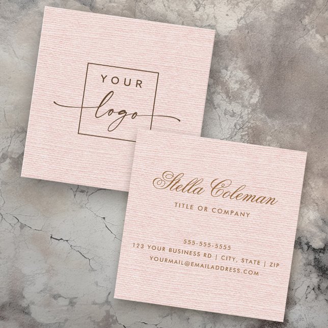 Elegant blush pink linen look custom logo square business card (Elegant blush pink linen look custom logo square business card)