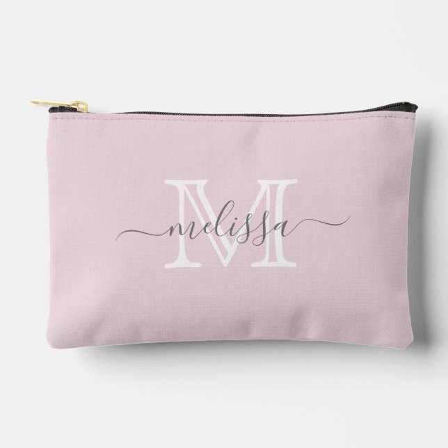 Elegant Blush Pink Minimal Name and Monogram  Accessory Pouch (Front)