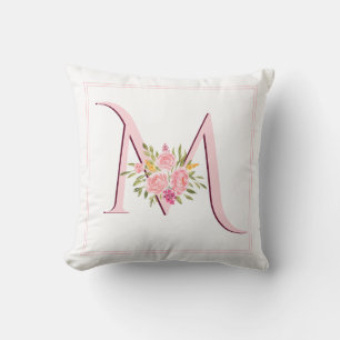 Elegant blush pink monogram and roses floral cushion