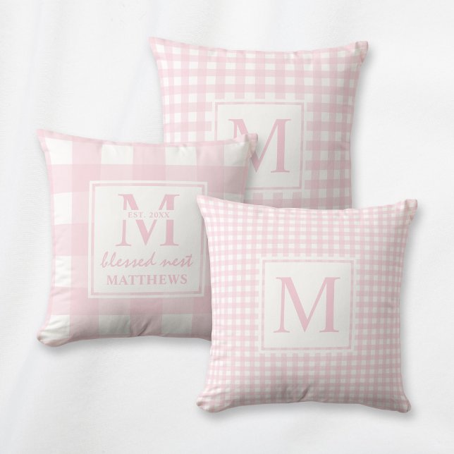 Elegant Blush Pink Monogram Classic Gingham Cushion (Classic pink and white Gingham pattern pillow with elegant custom monogram. Stylish farmhouse decor.)