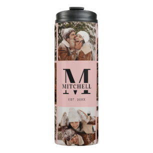Elegant Blush Pink Monogram Family Photo Collage Thermal Tumbler