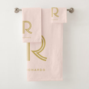 Elegant blush pink monogram name  bath towel set