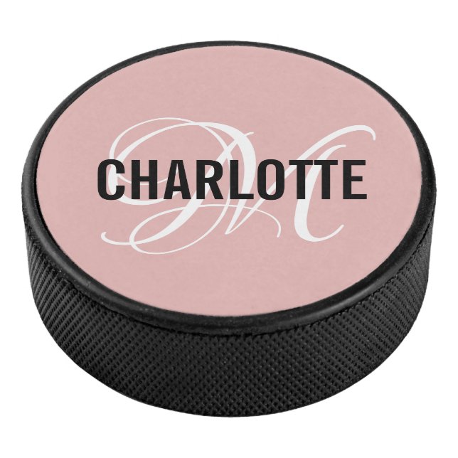 Elegant blush pink monogram name hockey puck (3/4)
