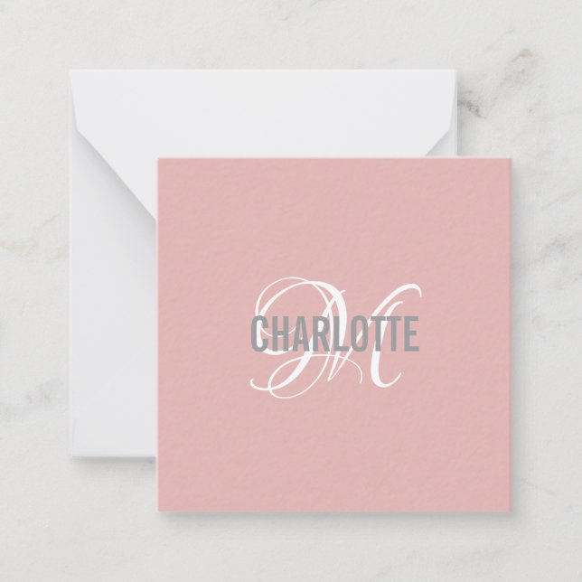 Elegant blush pink monogram name note card (Front)