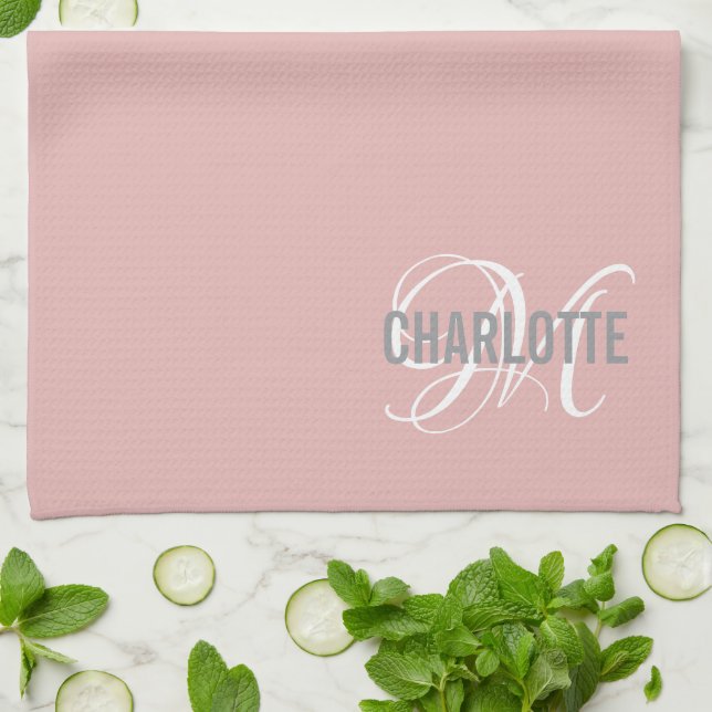 Elegant blush pink monogram name tea towel (Folded)