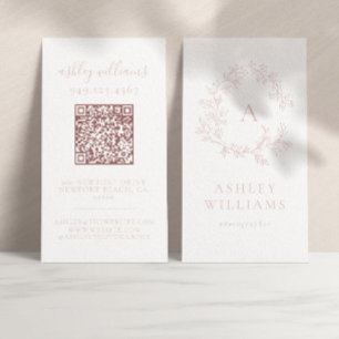 Elegant Blush Pink Monogram QR Code Floral Crest Business Card