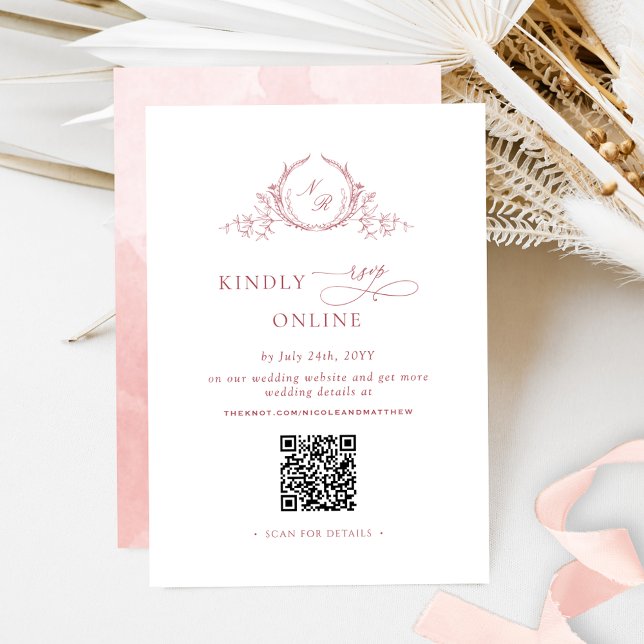 Elegant Blush Pink Monogram RSVP Online QR Code  Enclosure Card (Creator Uploaded)