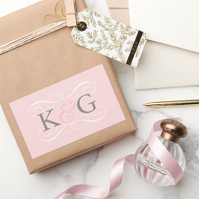 Elegant Blush Pink Monogram Wedding Rectangular Sticker (Gifting)
