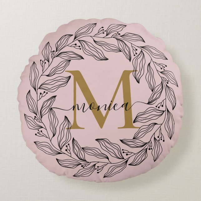 Elegant Blush Pink Monogrammed Floral Round Cushion (Front)