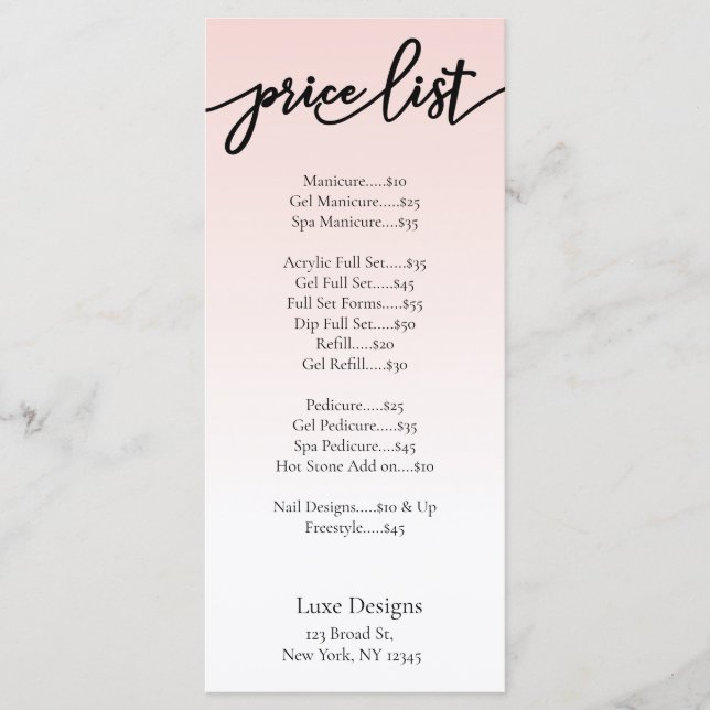 Elegant Blush Pink Nail Salon Price List Cards (Front)