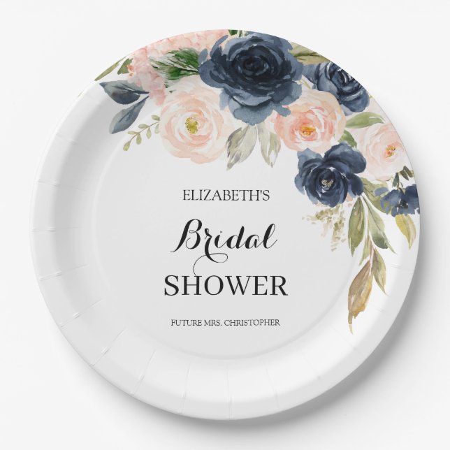 Elegant Blush Pink Navy Blue Floral Bridal Shower Paper Plate (Front)