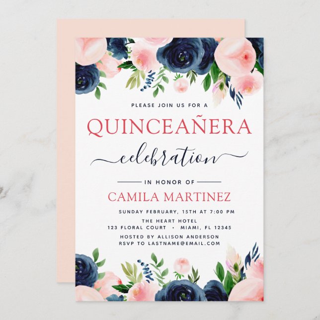 Elegant Blush Pink Navy Blue Floral Quinceanera Invitation (Front/Back)